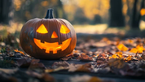Carved jack-o-lantern on outdoor path amid autumn leaves.