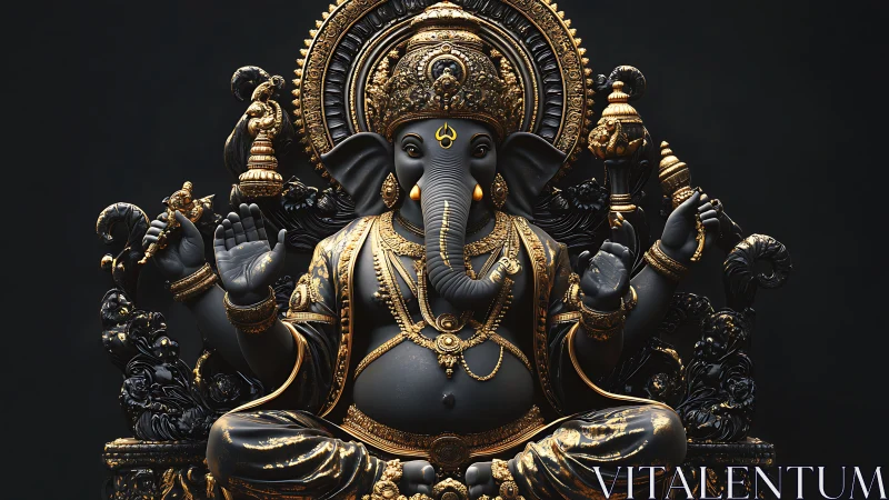 Black and gold Lord Ganesha idol in ornate seated pose.