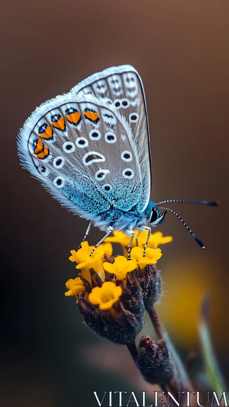 Blue butterfly on yellow wildflower in shallow depth field.
