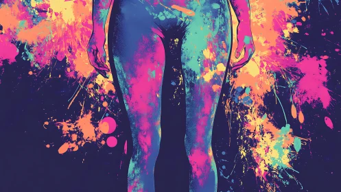Neon-painted female figure stands amid explosive splashes