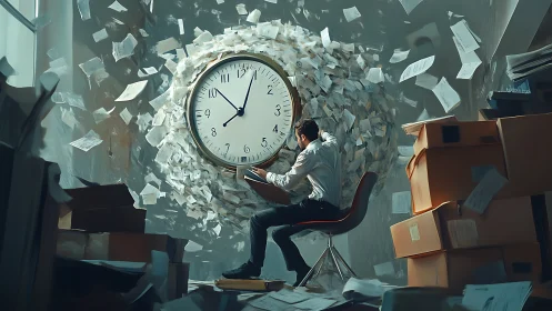 Professional working with oversized clock surrounded by scattered papers