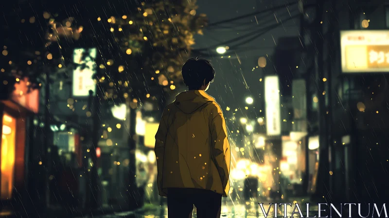 Nocturnal rainlit alley with solitary figure in yellow coat.