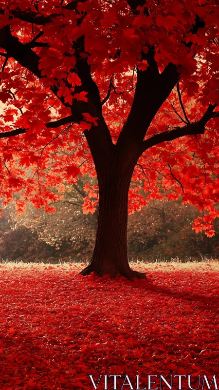 Crimson maple tree backlit by warm autumn sunset glow.