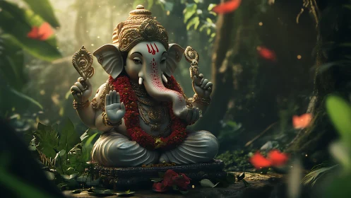 Lord Ganesha idol glows in tranquil forest sanctuary setting.
