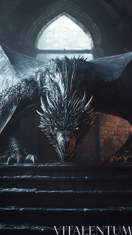 Armored dragon descends cathedral steps in cinematic chiaroscuro