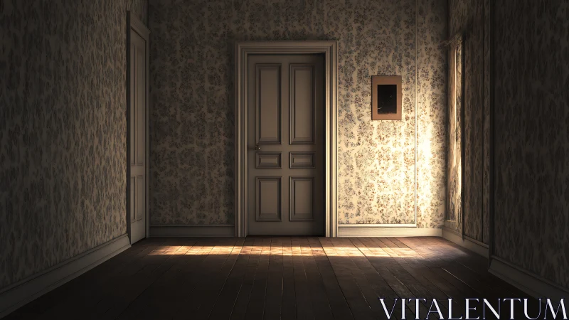 Photoreal corridor study with central door and low key light.