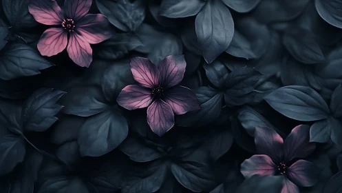 Dark Foliage with Pink Flowers in Low Light