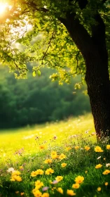 Sunlit meadow daydream beneath a sheltering green tree.