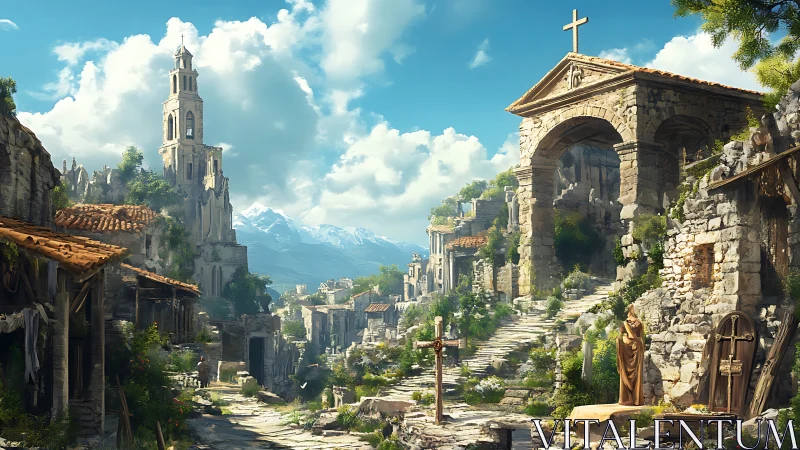 Sunlit ruined hilltop church rises above stone village