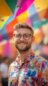 Smiling man in colorful shirt under vibrant umbrellas.