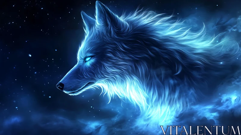 Luminous spirit wolf drifts softly through a starlit night sky