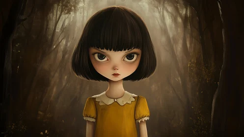 Big-eyed girl stands in eerie misty forest clearing.