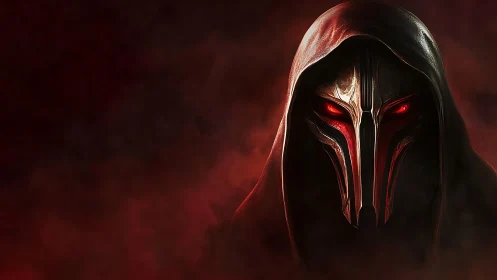 Hooded cyber mask emerges from crimson smoke in darkness