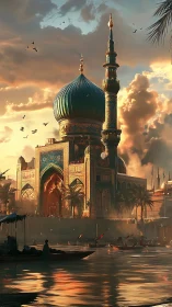 Golden sunset over domed riverside palace in desert city.