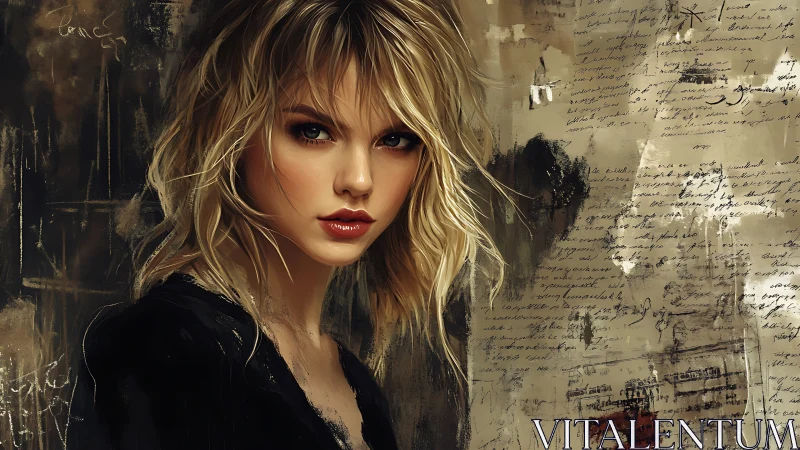 Blonde woman stands before textured script covered wall