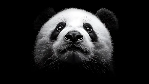 Gentle panda portrait glowing softly against night black.