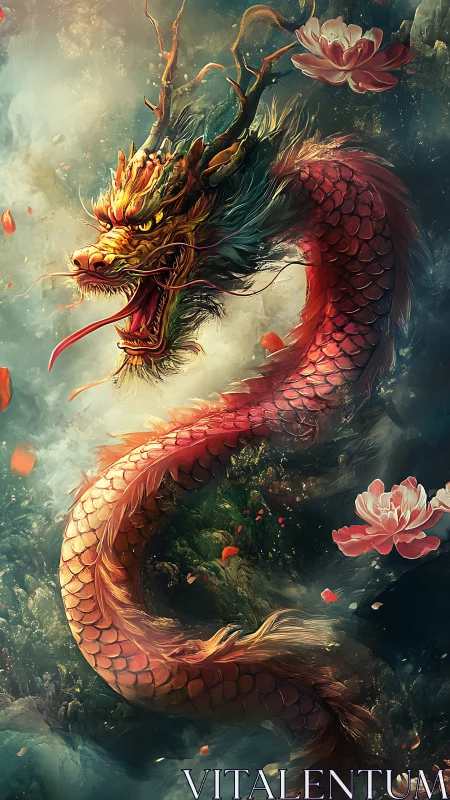 Coiled oriental dragon rendered in dynamic chromatic digital detail
