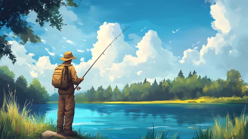 Solitary angler studies reflective river under towering cumulus