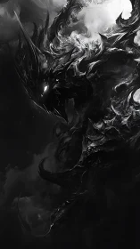 Dark monochrome demonic dragon formed from swirling smoke.