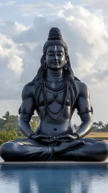 Graceful stone yogi in still meditation under soft skies.