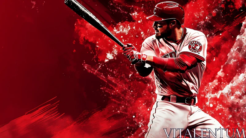 Electric red baseball slugger ready to launch a rocket swing.