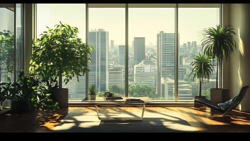 High-Rise Executive Workspace with Verdant Garden and Metropolitan Vistas.