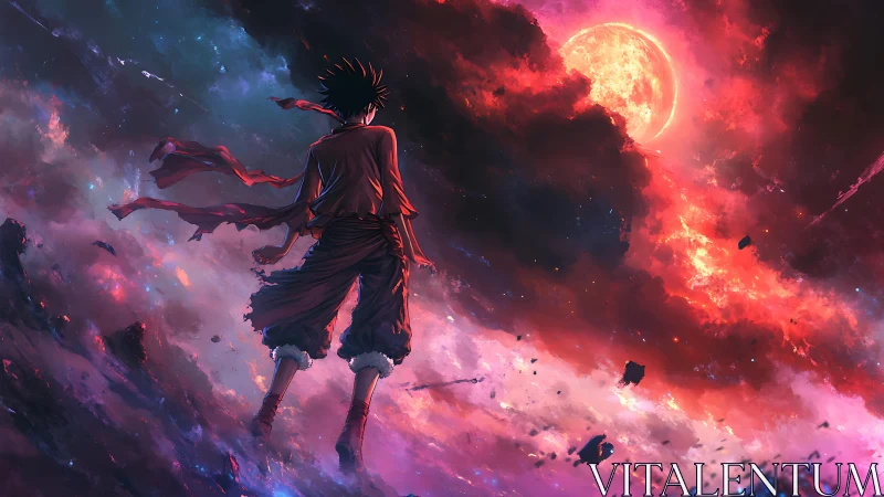 Stargazer in tattered red strides toward a burning moon