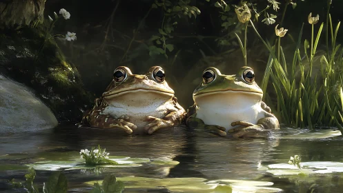 Two photorealistic frogs resting in calm sunlit pond.
