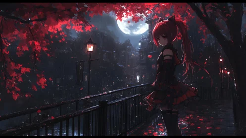 Moonlit gothic girl on rainy red maple street at night.