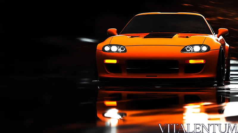 Orange sports coupe on wet reflective surface at night.