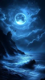 Moonlit storm sea churns under glowing celestial vortex