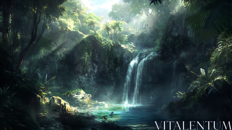 Luminous Jungle Waterfall with Ethereal Light.