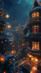 Snow-covered urban street displays dense winter lighting