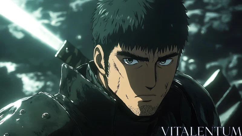 Stoic anime warrior standing strong in moody twilight.