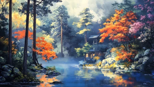 Forest retreat by misty river where autumn quietly glows.