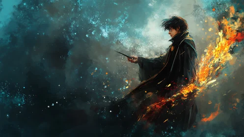Stormlit young wizard hurls fire through swirling dusk skies.