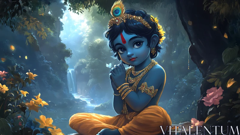 Blue-skinned child figure kneels in forest clearing with waterfall