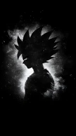 Silhouette of spiky-haired anime figure in monochrome profile.