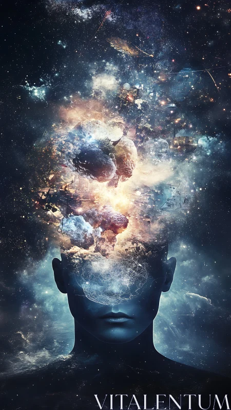 Cosmic mind silhouette dissolves into an exploding galaxy sky