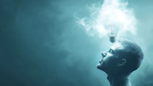 Side profile man with glowing light bulb in misted teal space.