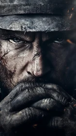Battle-worn soldier stares forward with clasped, dirty hands