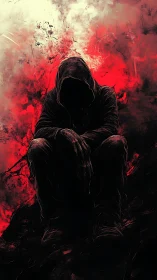 Hooded figure silhouette before abstract red background.