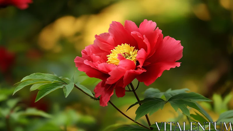 Red peony flower with yellow stamens and green foliage background.