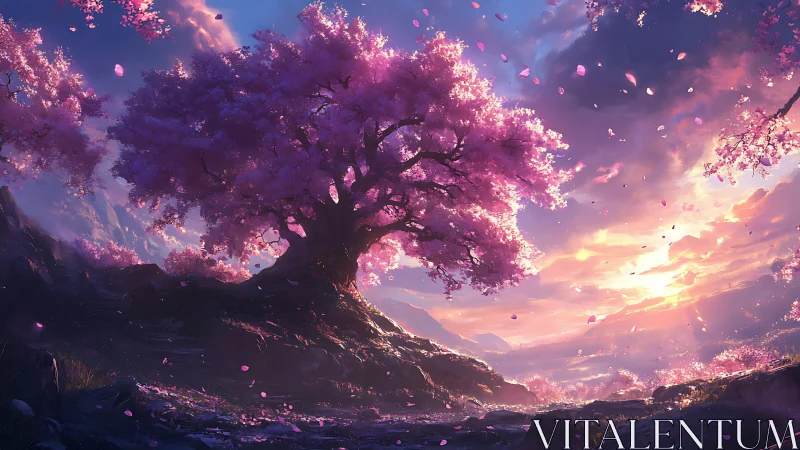Spectral cherry blossom tree under volumetric sunset sky.