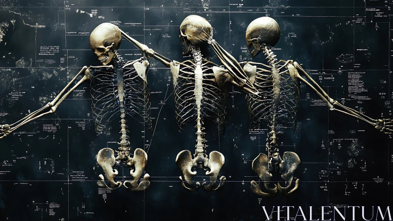 Three skeletal figures align against dark technical schematics