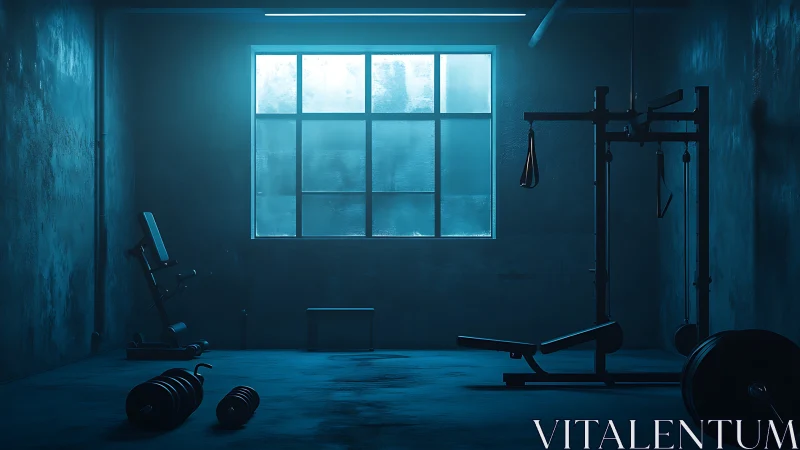 Nocturnal industrial gym under cold volumetric window light.