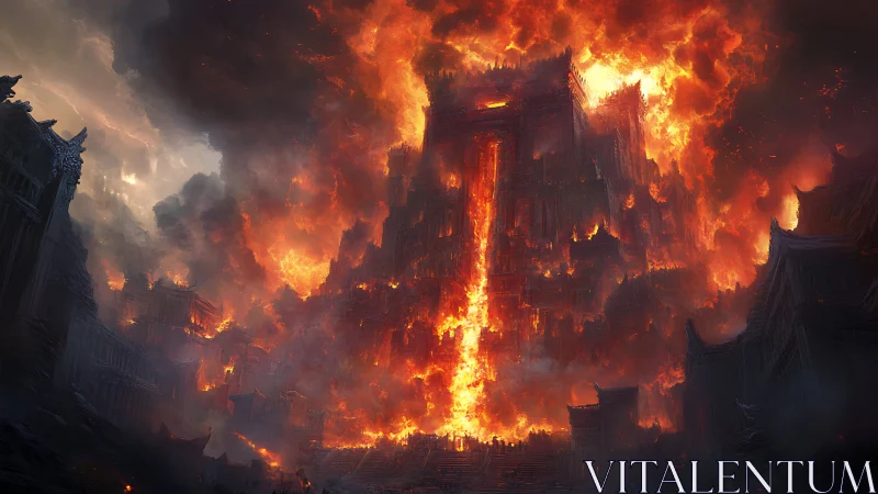 Inferno Castle: Medieval Fortress Engulfed in Apocalyptic Flames.