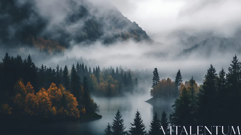 Mist-shrouded mountain lake beneath forested slopes.