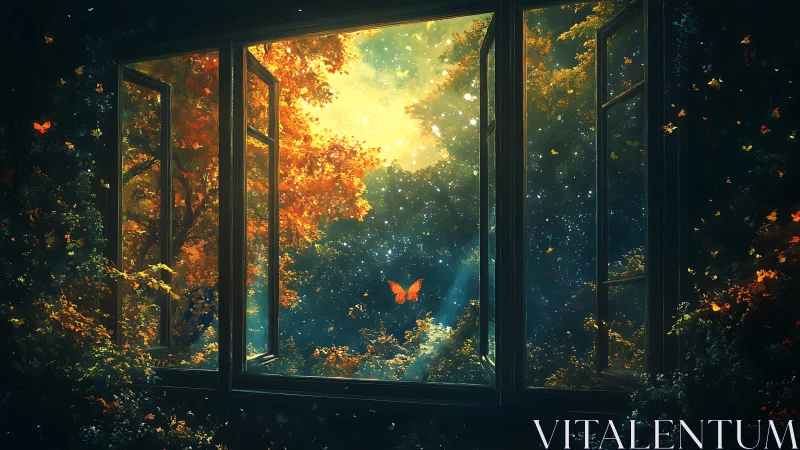 Open window frames luminous twilight forest with drifting fireflies