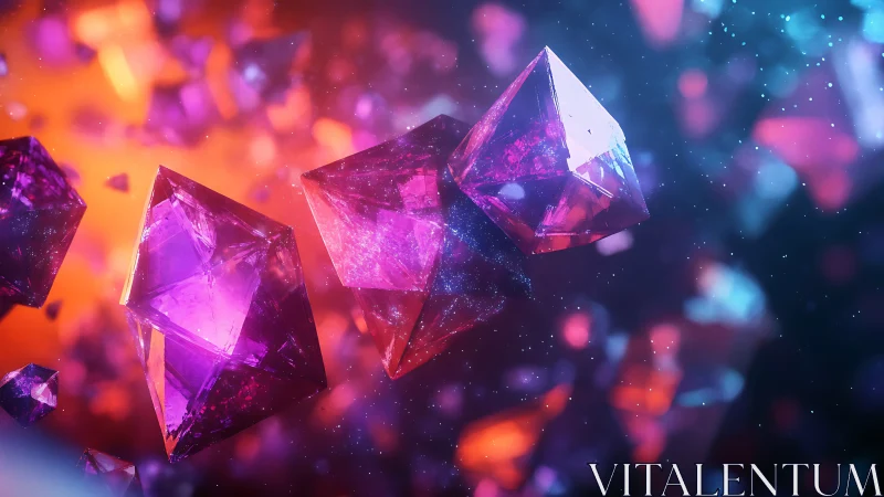 Vibrant floating purple crystals in glowing abstract space.